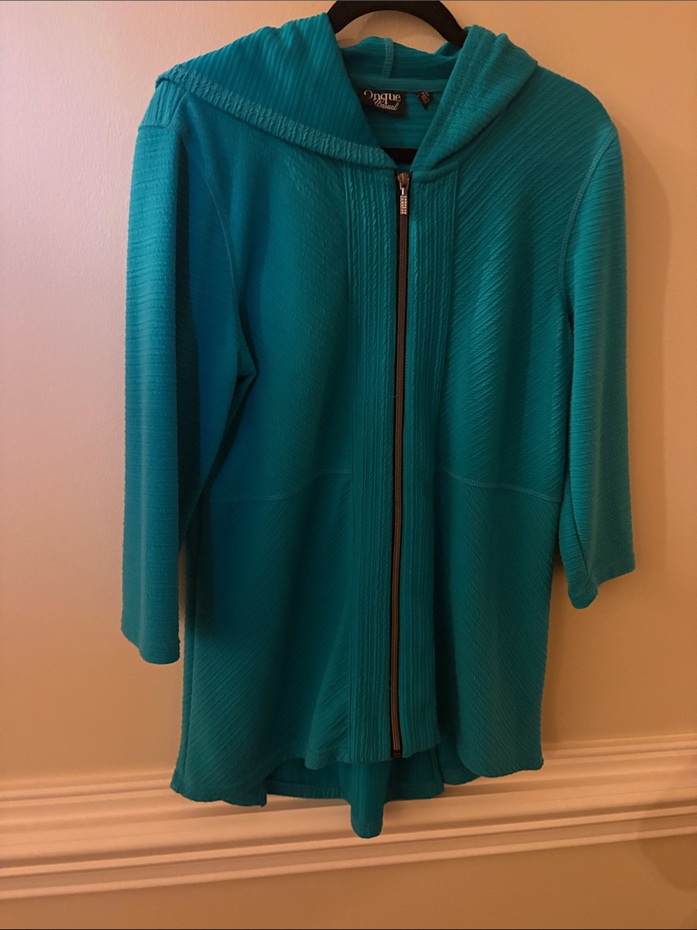 Onque Casuals Teal Ribbed Zip Front Top hooded jacket- 3/4 Sleeves